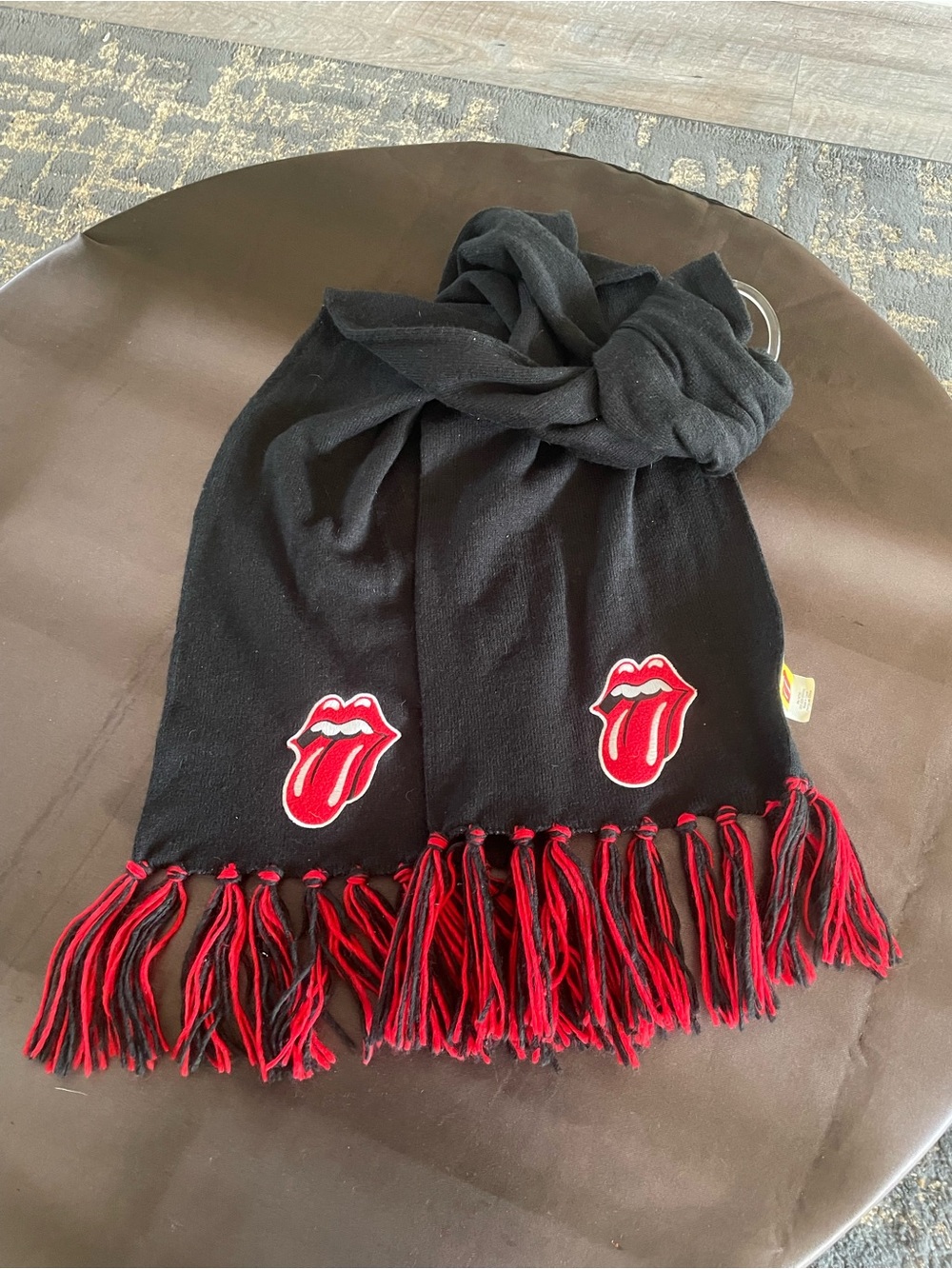 Black Scarf with Red/Black Fringe and Embroidered Tongue Logo
